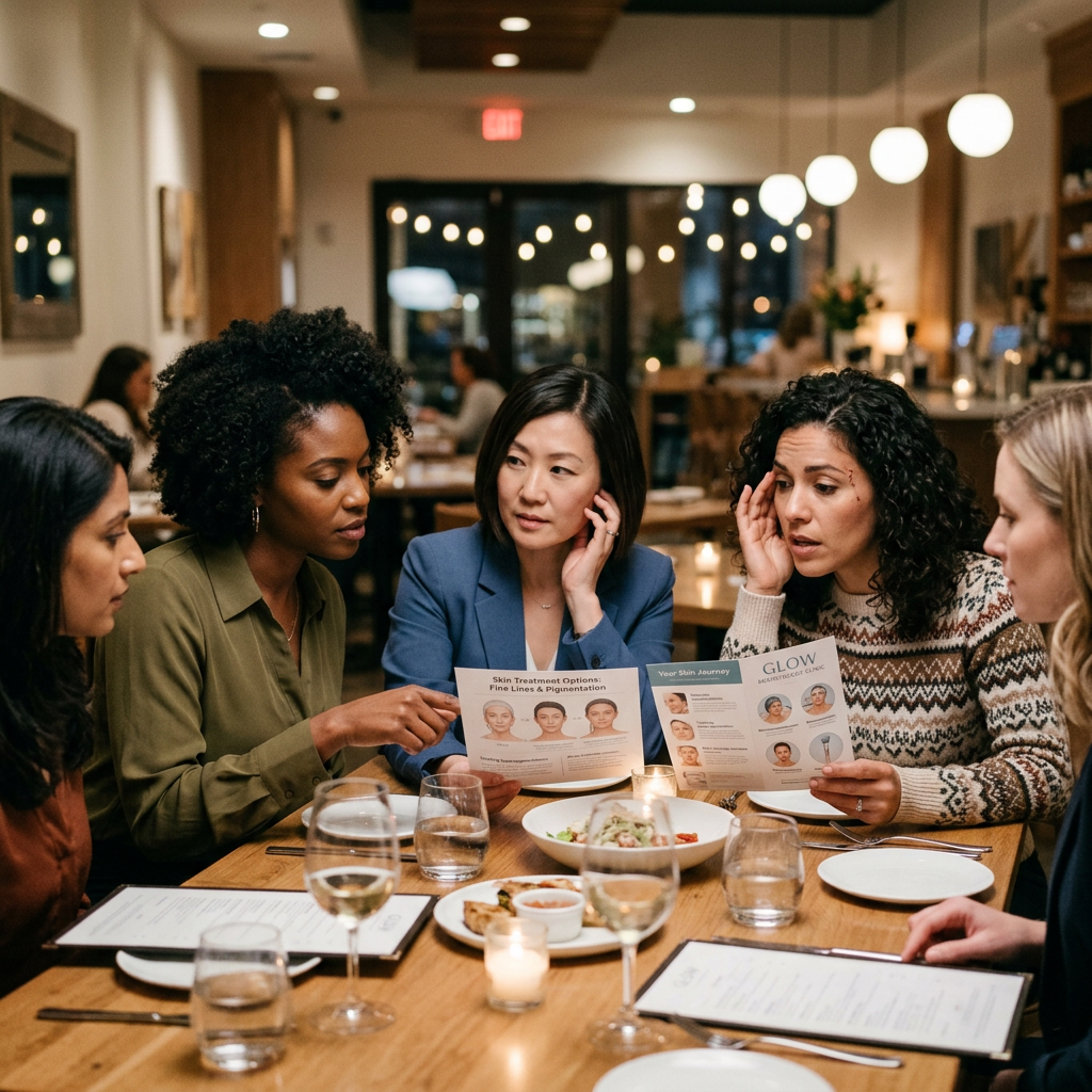 Five women looking at brochures about skin treatments and discussing them at a restaurant table. Skin laxity treatment shown with elastin firming skincare and growth factor serum products