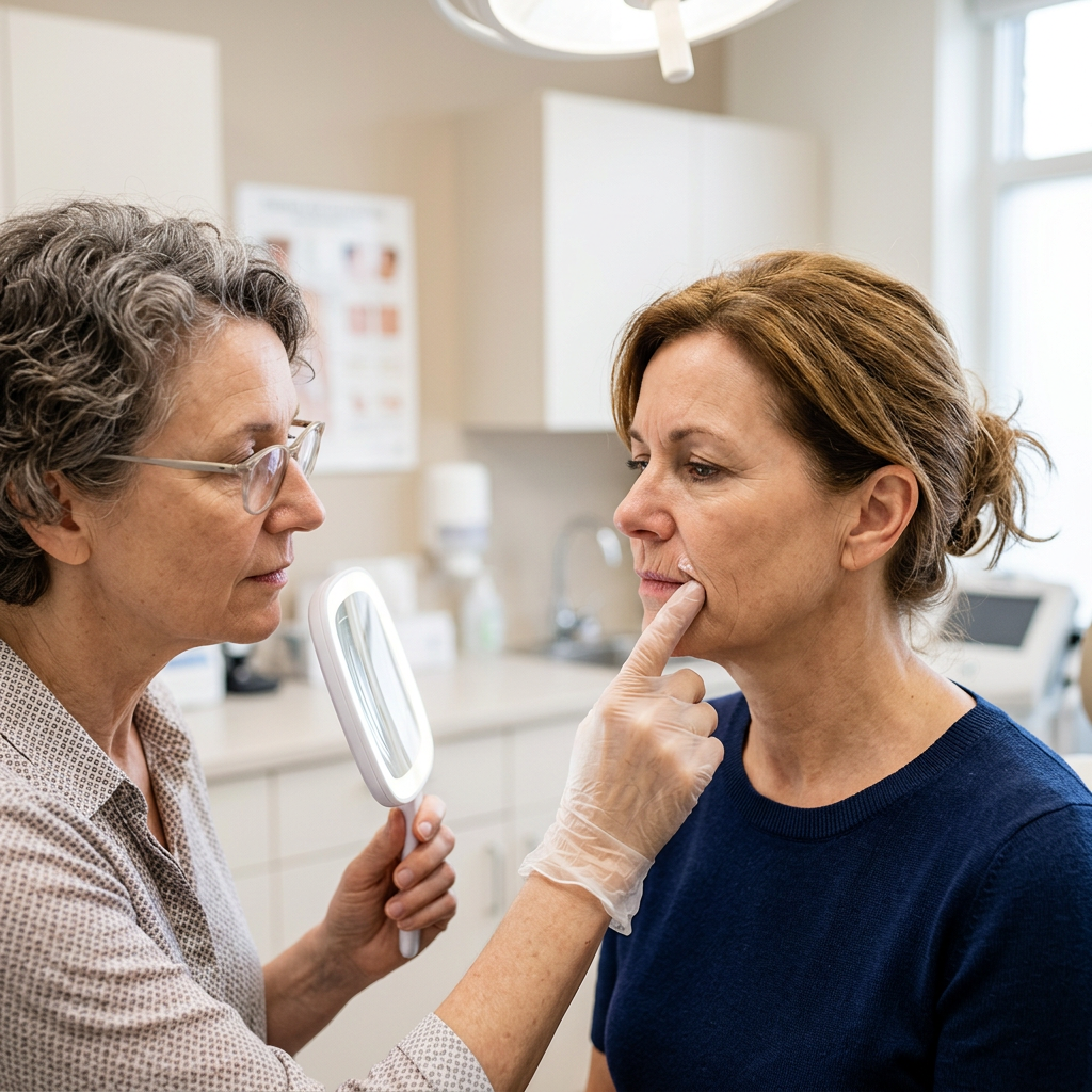 Dermatologist with gloves examining patient's face while holding a mirror. Perioral wrinkles shown with lip line anti-aging treatment and growth factor serum skincare