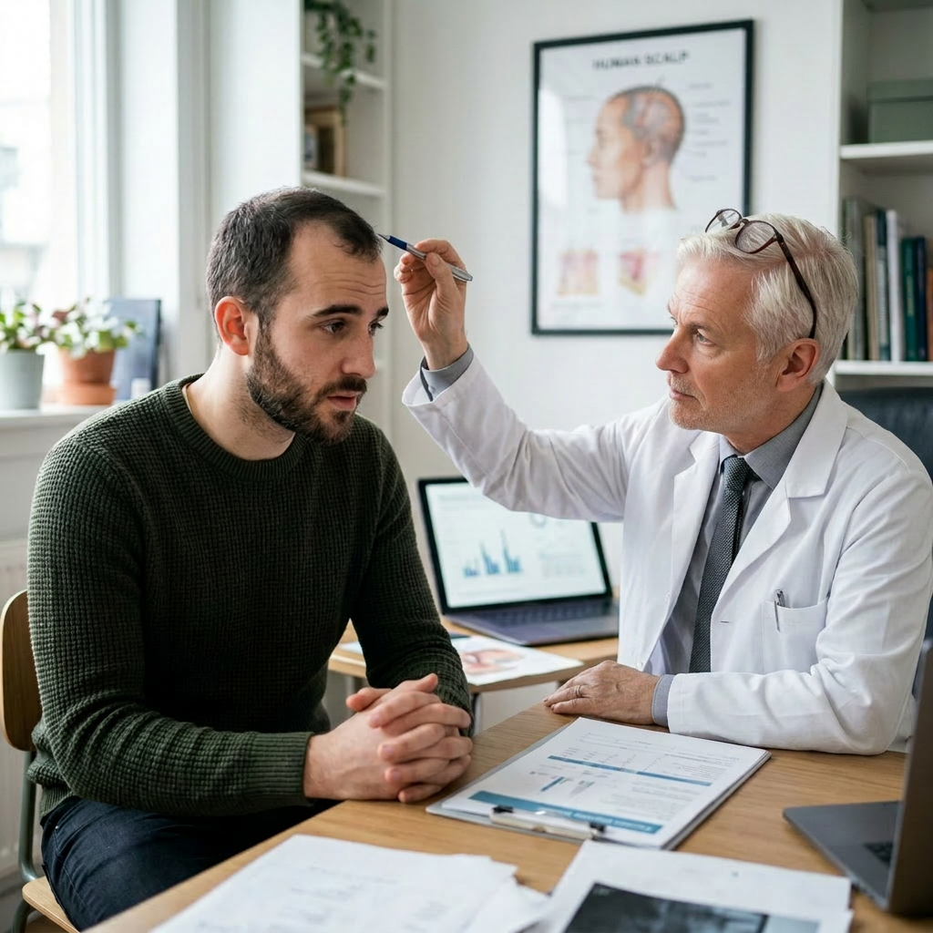 Doctor in white coat examining male patient's scalp with pen in clinic office. Best hair growth serum shown with hair loss treatment and scalp care products ranked