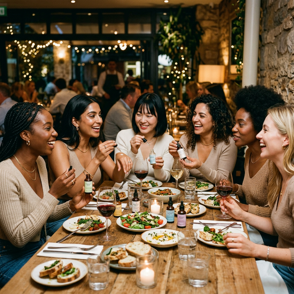 Diverse group of women sharing wellness drops and enjoying dinner together. Best anti aging serum shown with growth factor skincare and collagen boosting products ranked