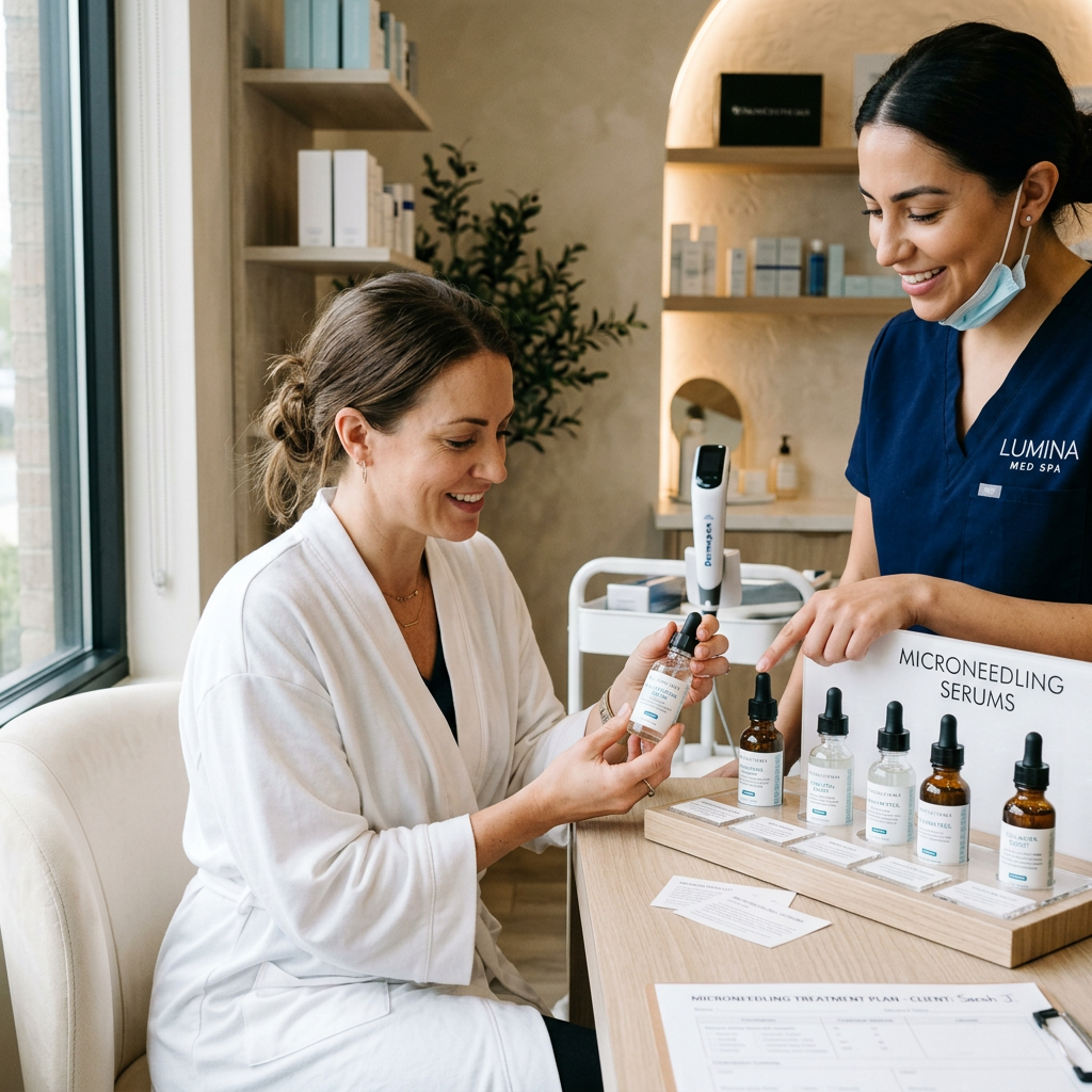 Client and skincare professional discussing microneedling serums at a spa counter. What serum to use with microneedling shown with glide and growth factor post-procedure products