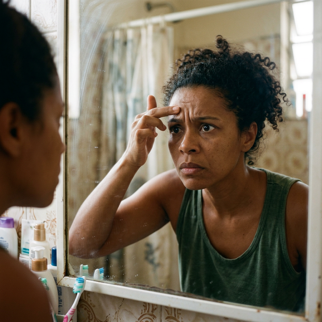 Woman looking at her reflection while examining her forehead in bathroom mirror. Frown lines shown with glabellar line treatment and anti-aging growth factor serum skincare