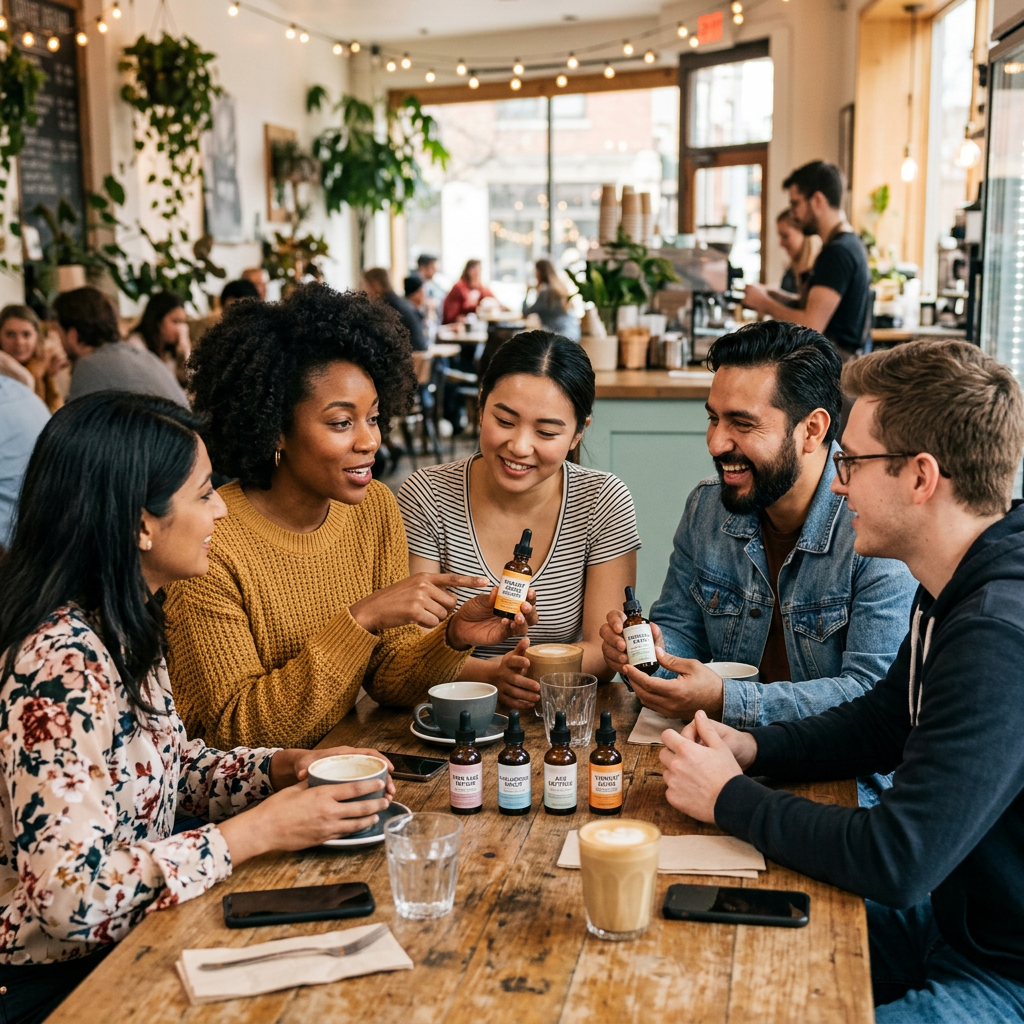 Five friends sitting around a wooden table in a café, discussing and holding wellness product bottles. Best serum for fine lines shown with early anti-aging growth factor skincare products ranked