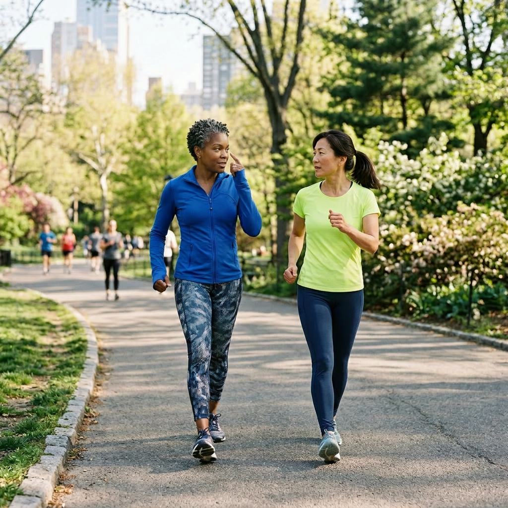 Two women walking and chatting on a park path during exercise. How to look younger shown with anti-aging growth factor skincare and rejuvenation products