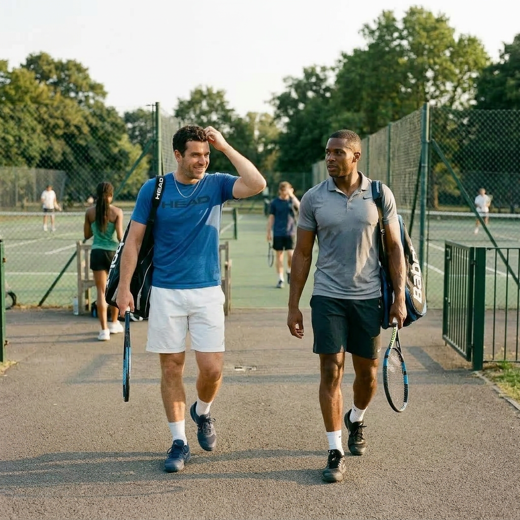 Two tennis players walk side by side after a match, carrying rackets and bags discussing hair loss. Thinning hair treatment shown with scalp serum dermaroller and hair growth factor products