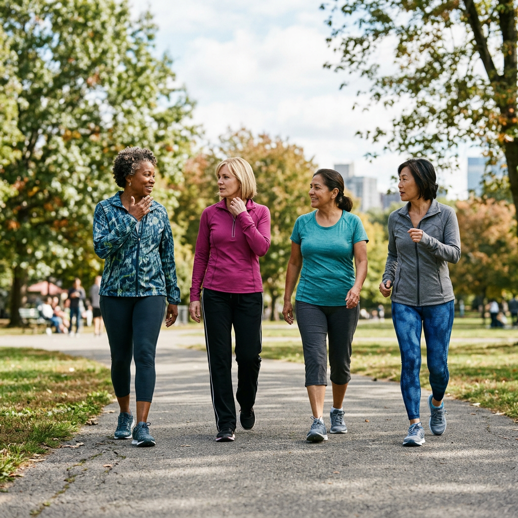 Four women walking and talking on a park path surrounded by trees. Best serum for mature skin shown with growth factor anti-aging skincare products ranked