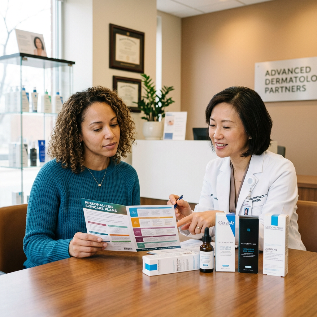 Dermatologist consulting patient about skincare plan using brochure and product samples. Epidermal growth factors in skin care shown with EGF anti-aging growth factor serum products