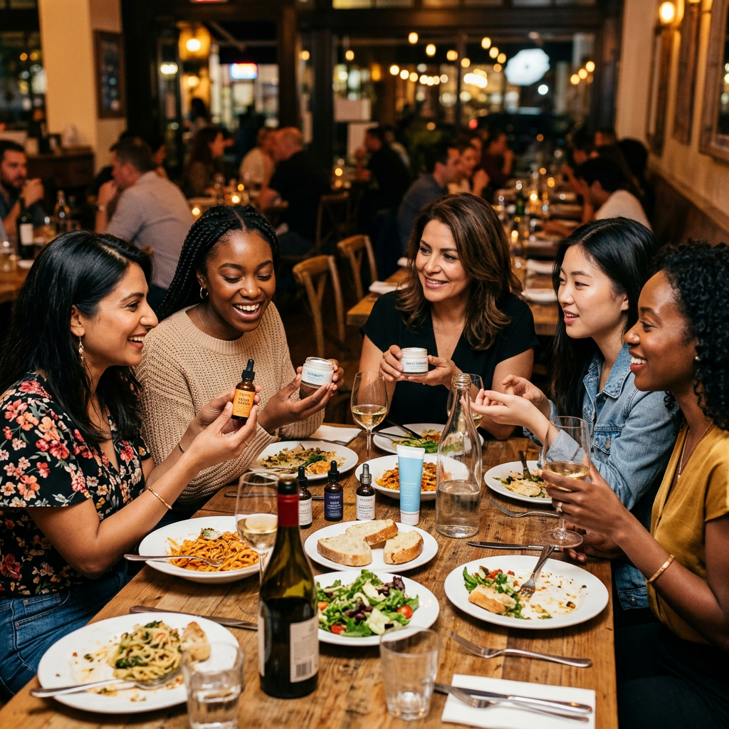 Five women sitting at a restaurant table showing and discussing skincare products during a meal. Serum vs moisturizer shown with growth factor serum and ceramide moisturizer skincare layering