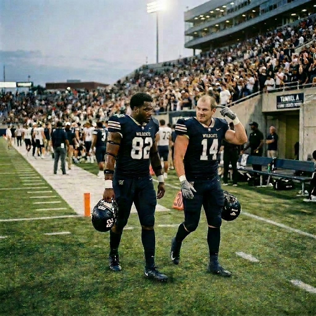 Two football players walking on the field holding helmets after the game. Scalp serum for hair growth shown with hair treatment dermaroller and growth factor products