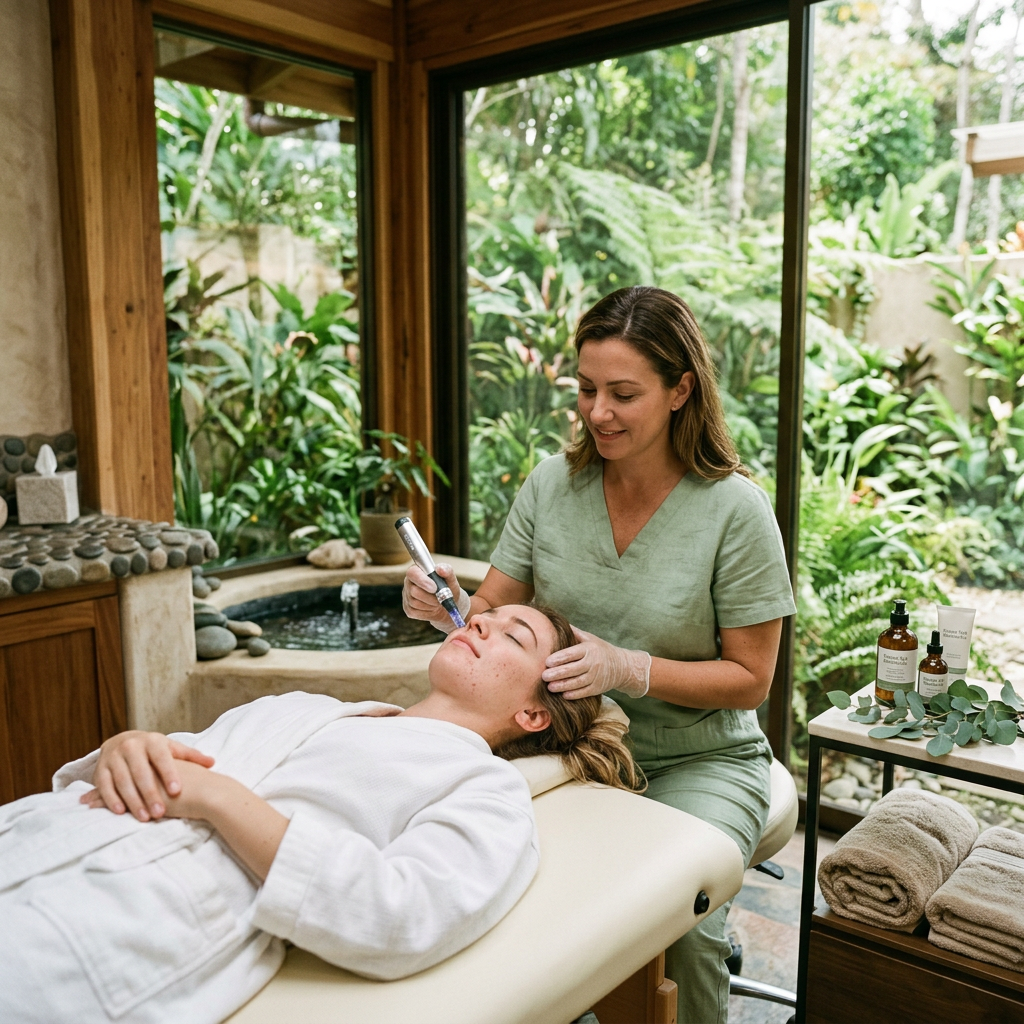 5 Micro Needling Side Effects Facts That Remove Every Fear 1 Skincare specialist using a handheld device on a woman's face during a facial treatment in a spa room. Micro needling side effects shown with safe microneedling procedure and recovery skincare