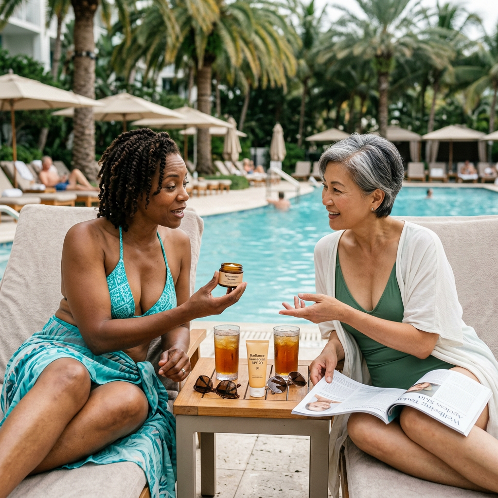 Two women sitting poolside sharing skincare products and drinks. Anti aging products that actually work shown with clinically proven growth factor skincare