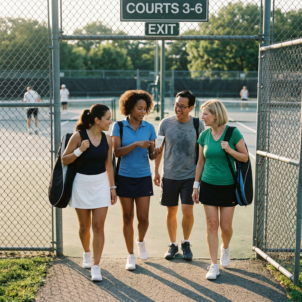 Four tennis players walk and chat near the court exit after a game. Best anti wrinkle cream shown with ceramide moisturizer and growth factor serum system