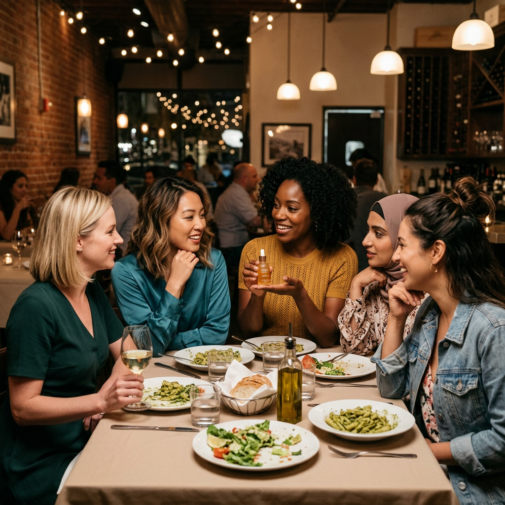 5 Growth Factor Serum Benefits That Make Every Other Serum Obsolete 1 Five women sitting at a dinner table with plates of food, one woman showing a small bottle to others. Growth factor serum benefits shown with MSC conditioned media anti-aging skincare science