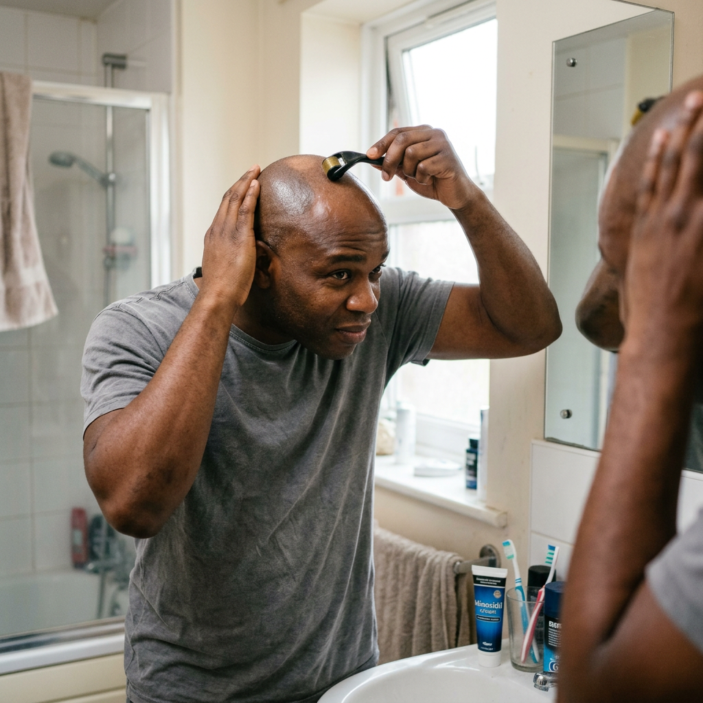 a man dermarolling scalp at home. Dermaroller for hair growth results shown with scalp microneedling and growth factor serum