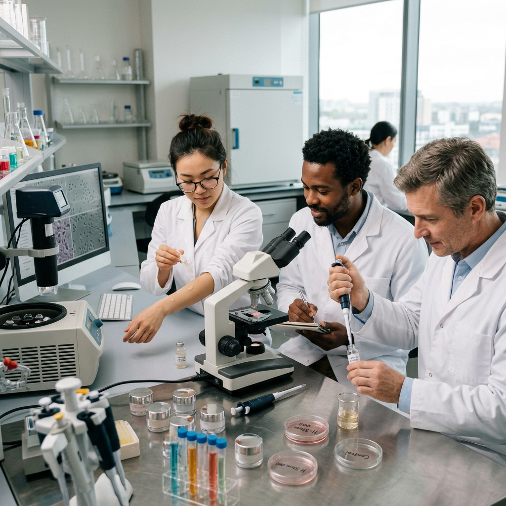 5 Stem Cell Skincare Truths That Make Every Other Category Obsolete 1 Three scientists in lab coats conducting experiments with microscope and samples in laboratory. Stem cell skincare shown with MSC conditioned media growth factor anti-aging products
