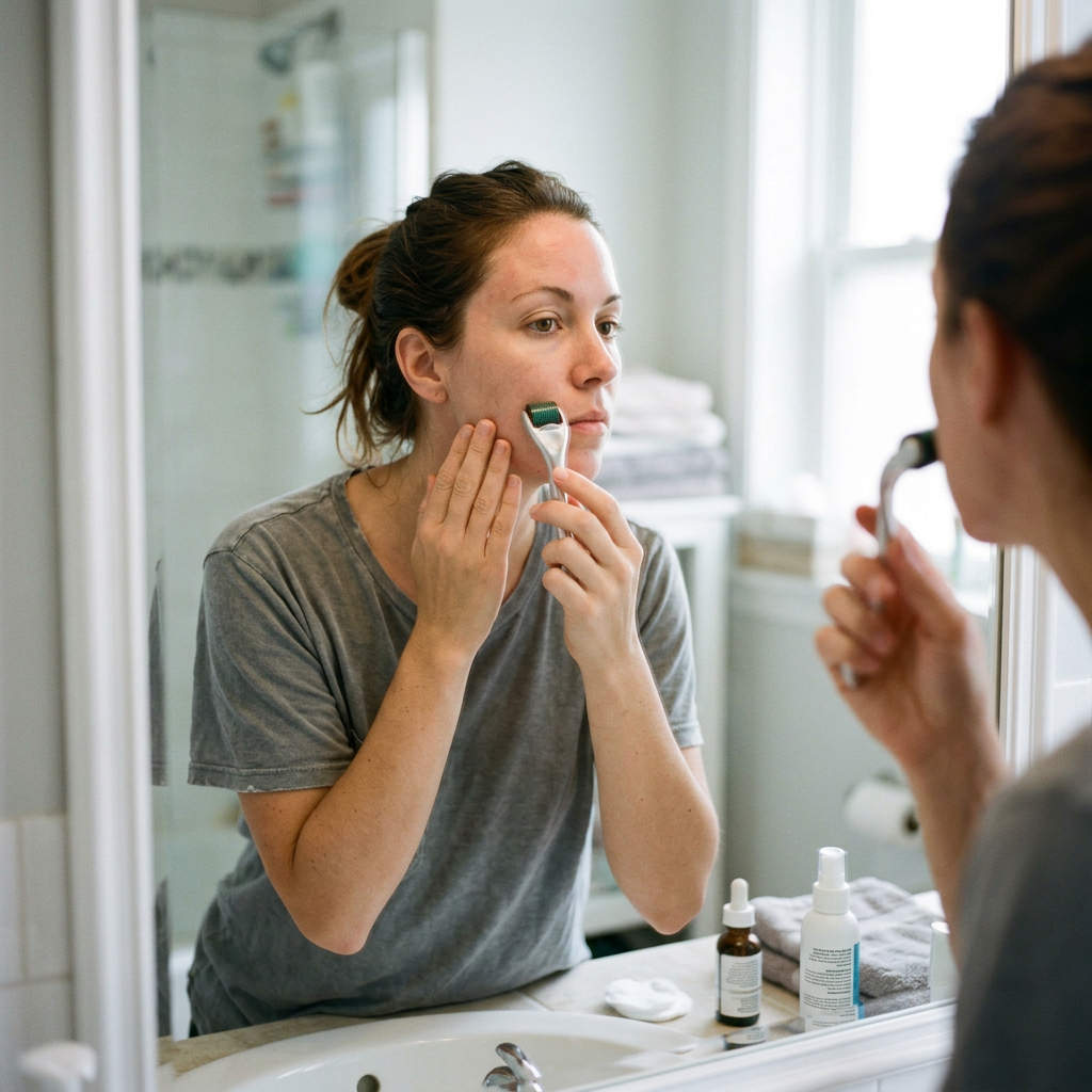 Woman applying facial microneedling with a derma roller in bathroom mirror. Best serum for microneedling at home shown with glide and growth factor post-procedure products
