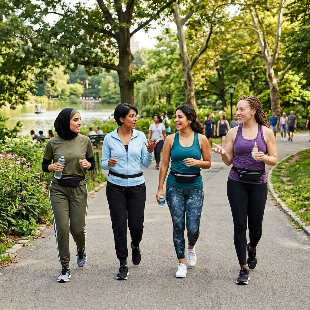 Four women walking together in a park, holding water bottles and talking. Anti aging skincare routine shown with complete growth factor serum and daily protocol products