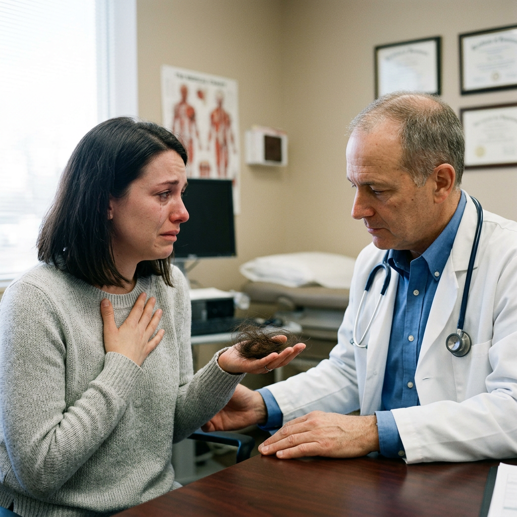 Woman showing clump of hair to doctor while looking upset. Female hair loss treatment shown with women's scalp serum dermaroller and hair growth products