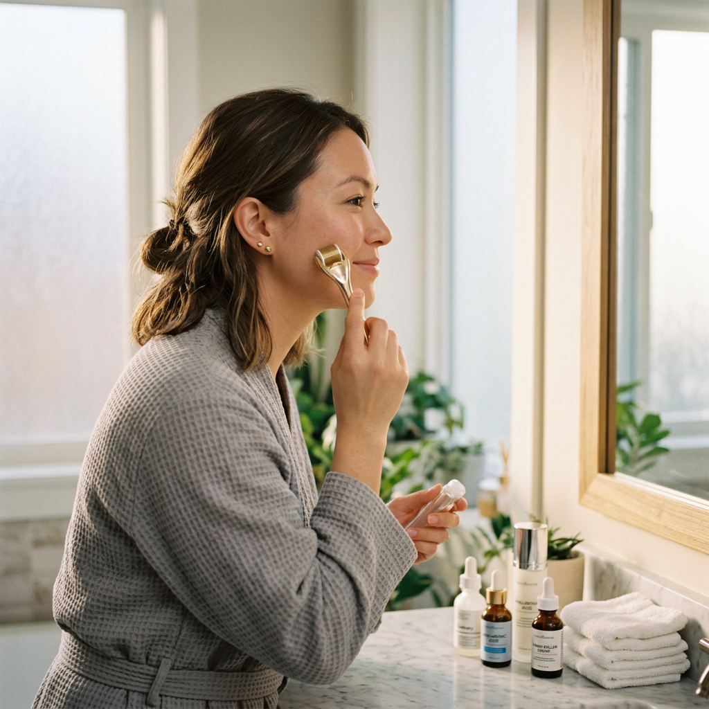 Woman in gray robe applying facial roller in bathroom. Microneedling benefits shown with dermapen growth factor serum and collagen boosting skincare
