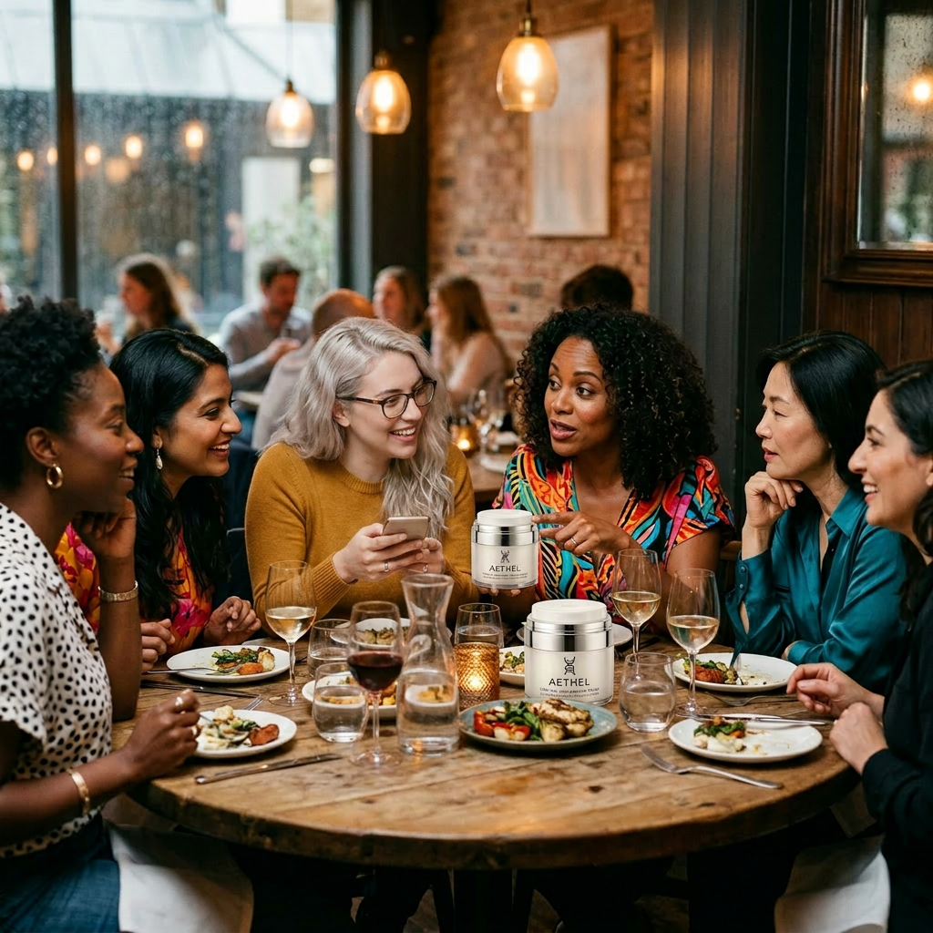 5 Devastating Stem Cell Face Cream Lies Wasting Your Money 1 Six women sitting around a wooden table eating dinner and discussing skincare products. Stem cell face cream shown with growth factor serum and ceramide moisturizer layering system