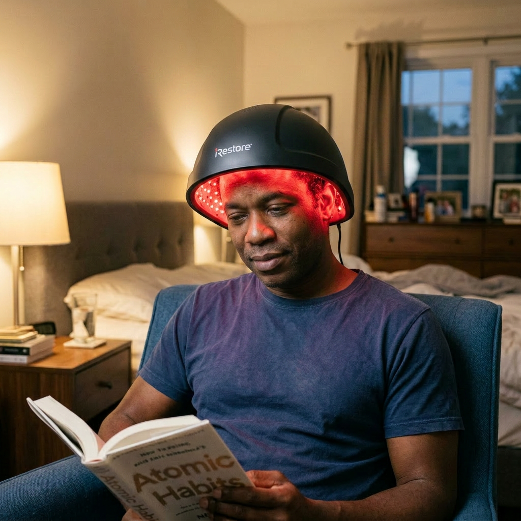 Red light therapy during leisure reading Man sitting in chair reading Atomic Habits book wearing red light therapy helmet. Red light therapy for hair growth shown with LED helmet scalp serum and dermaroller system
