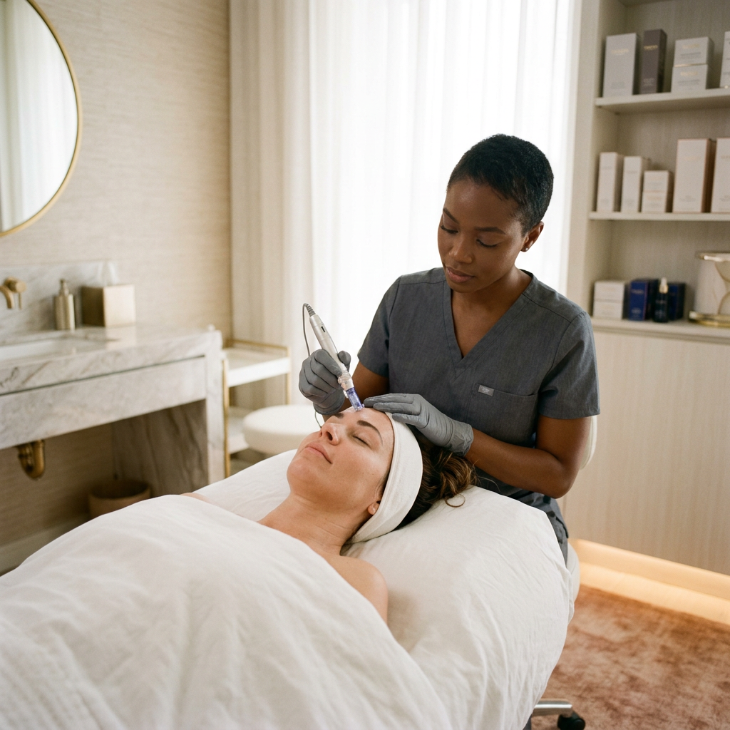 A skincare professional using a handheld device on a client's forehead during a facial treatment. Stem cell serum for microneedling dropper applied to damp skin after dermaroller session with hyaluronic acid glide serum