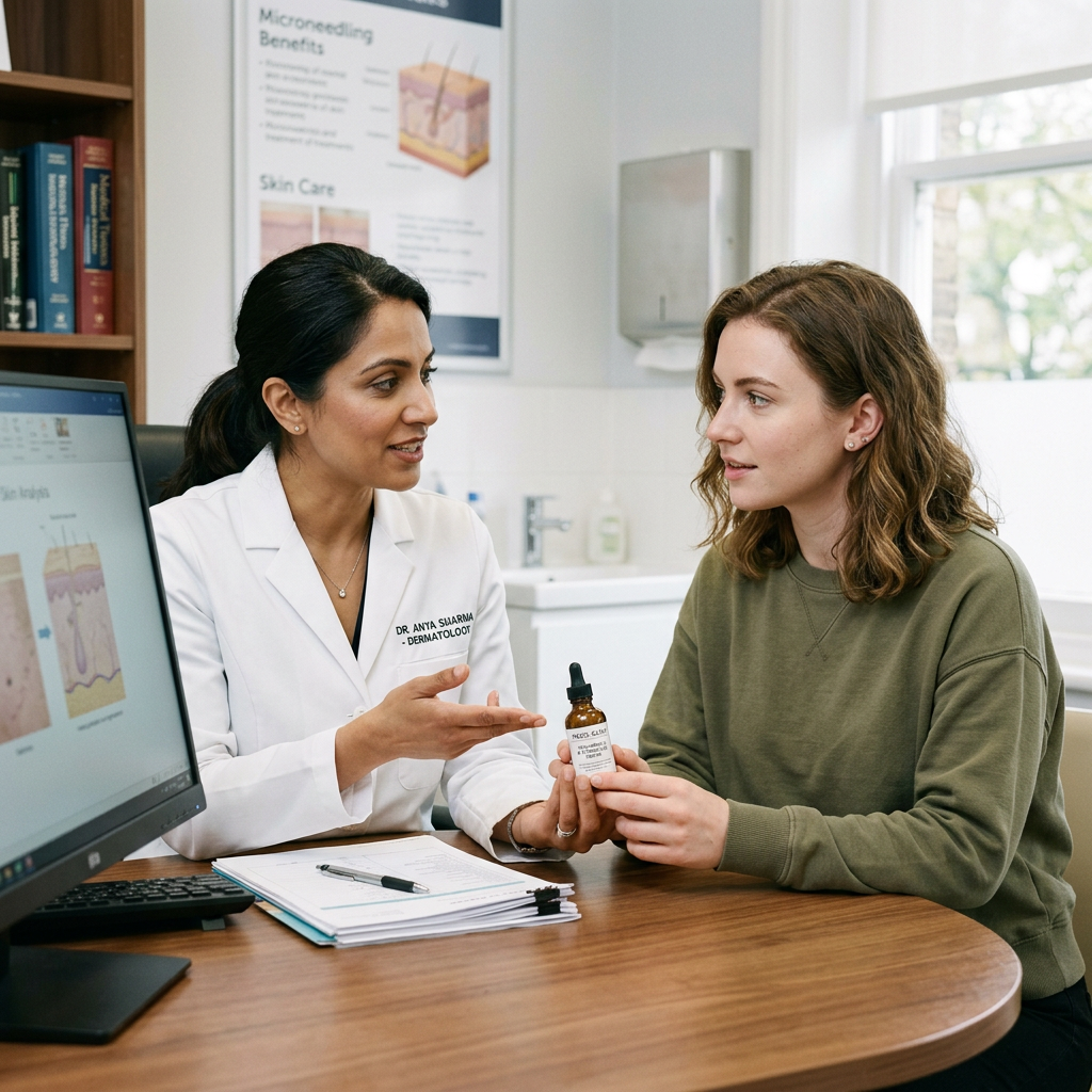 Dermatologist in white coat explaining skincare serum to a patient. Best serum for microneedling shown with dropper applying growth factor serum after dermaroller session with hyaluronic acid glide serum