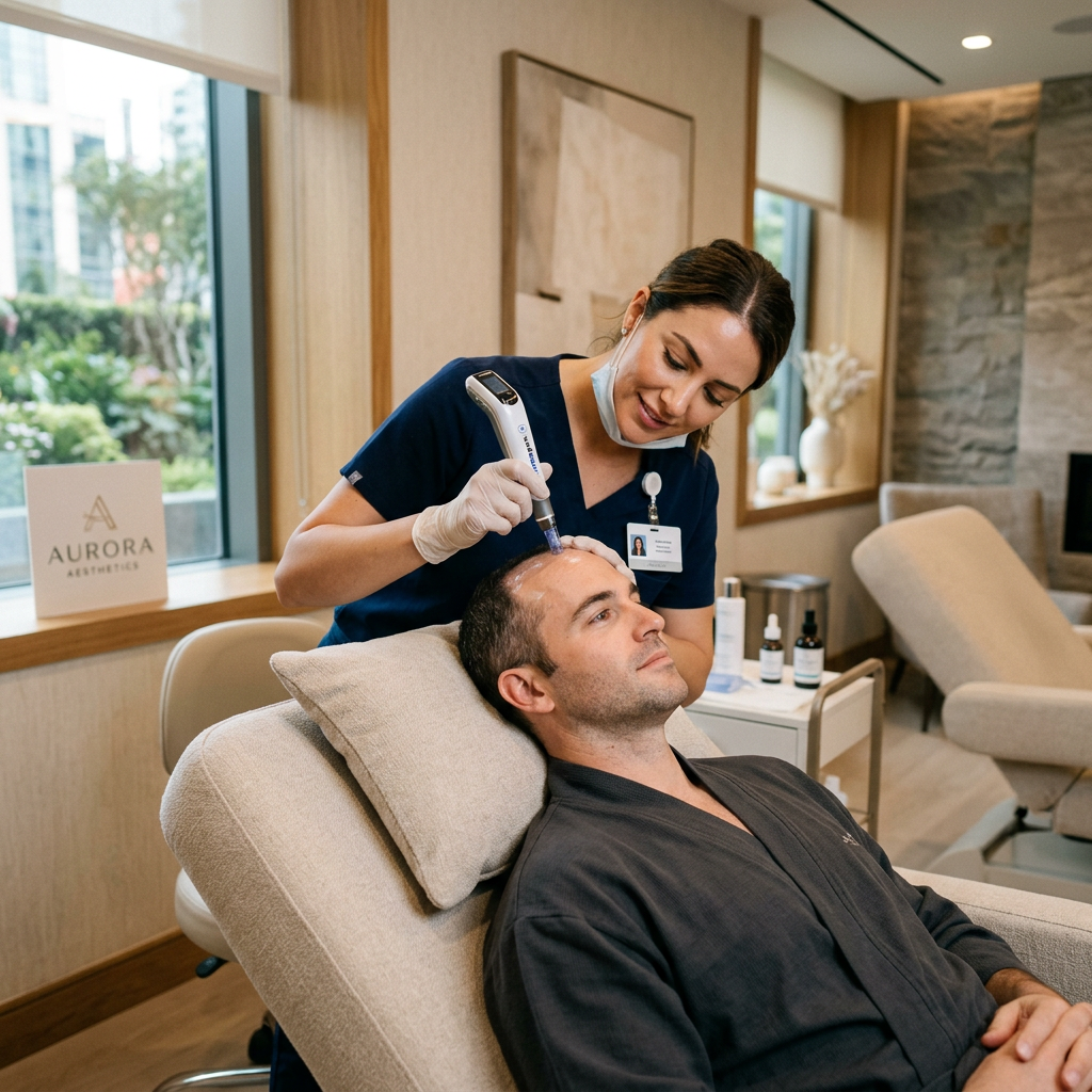 Skincare professional using microneedling device on male client's forehead during treatment. Stem cell serum for hair growth applied to scalp after dermarolling with red light therapy cap and growth factor protocol
