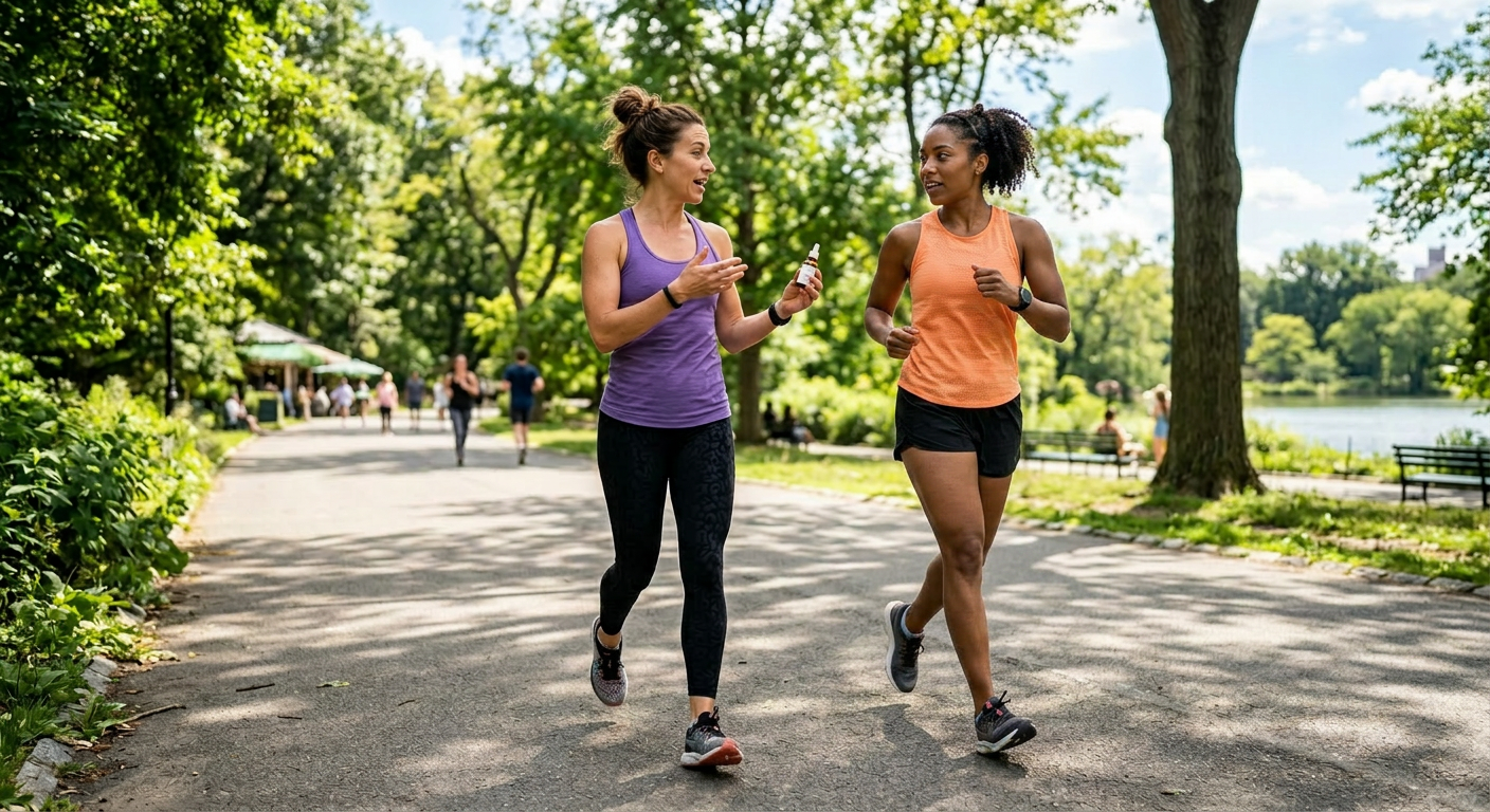 Two women jogging side by side in a park, talking and smiling. Best stem cell serum for face dropper applied to luminous mature skin with dermaroller and growth factor protocol