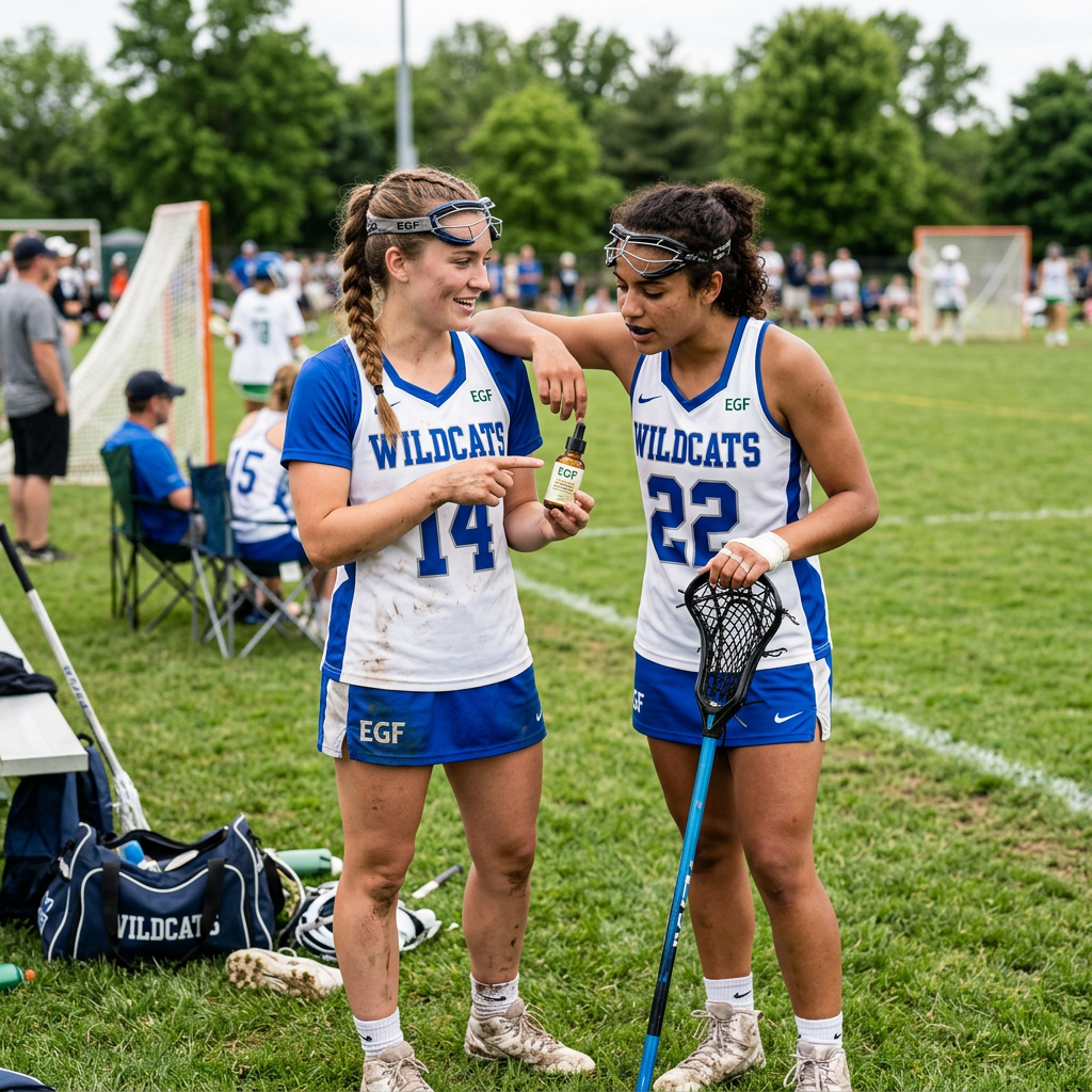 Two female lacrosse players in uniforms standing on the field talking. EGF serum dropper applied to luminous mature skin with dermaroller and stem cell growth factor protocol