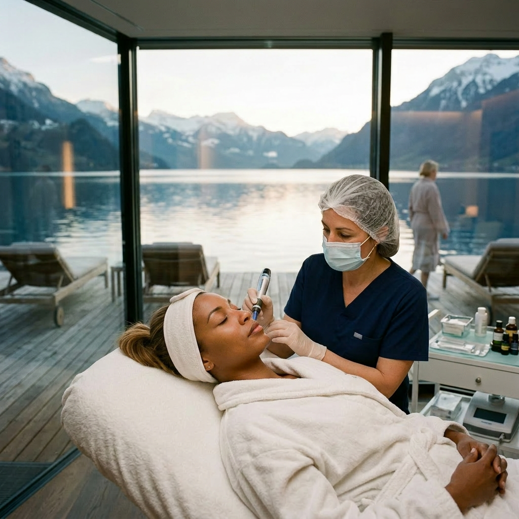 A woman receiving a facial treatment from a masked professional in a spa overlooking a lake and mountains. Microneedling with growth factors shown with dermaroller and stem cell serum applied to luminous skin