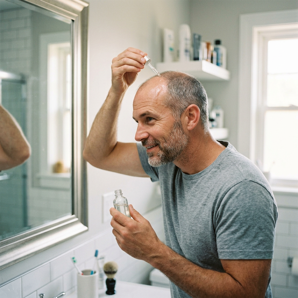 Middle-aged man applying hair growth serum to his scalp using a dropper in bathroom mirror. Stem cell serum for hair applied to scalp after dermarolling with red light therapy cap and growth factor protocol