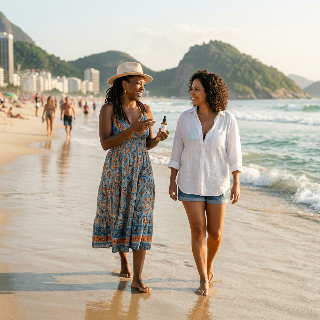 Two women walking barefoot on a beach, one holding a small dropper bottle. EGF serum benefits dropper applied to luminous mature skin with dermaroller and stem cell growth factor protocol
