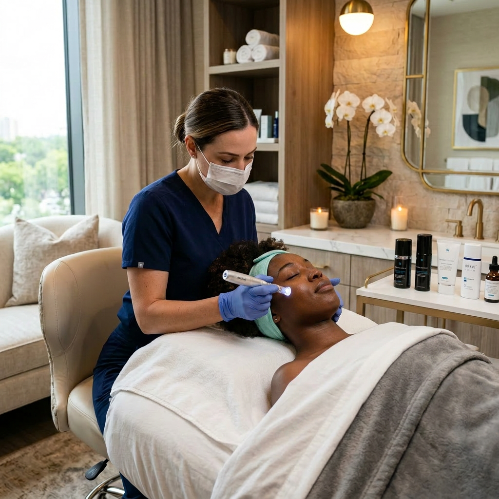 Skincare professional applying facial treatment to a relaxed client in spa room. Sterile hyaluronic acid for microneedling applied to face during dermaroller session with growth factor serum