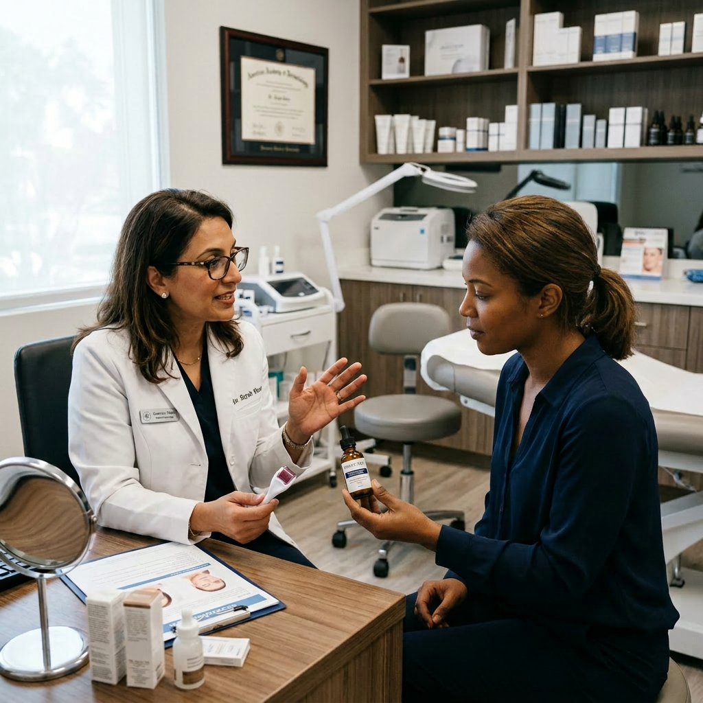 Dermatologist showing skincare products to a patient in clinic. Microneedling serum applied to face with dermaroller and growth factor protocol on luminous skin