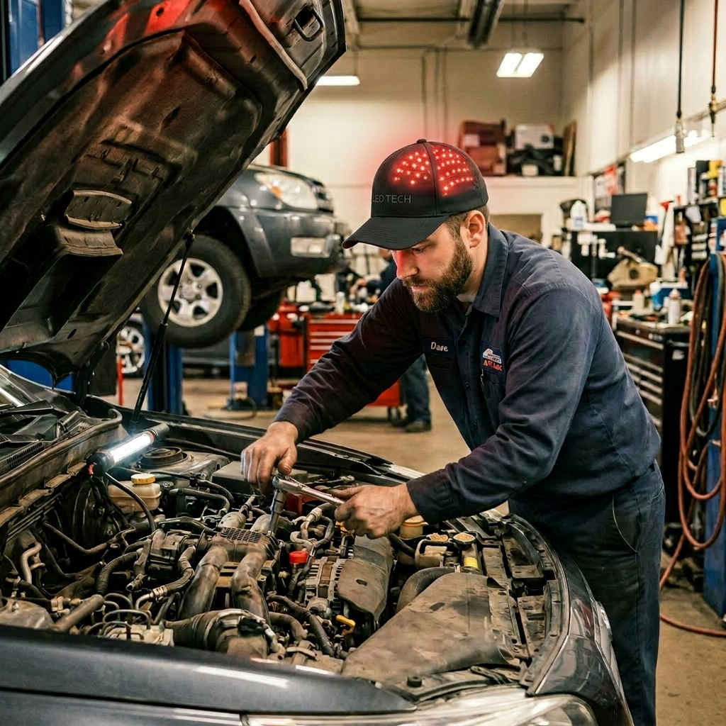 Mechanic with fixing car engine in workshop.LED helmet hair growth device on scalp with dermaroller and growth factor serum protocol