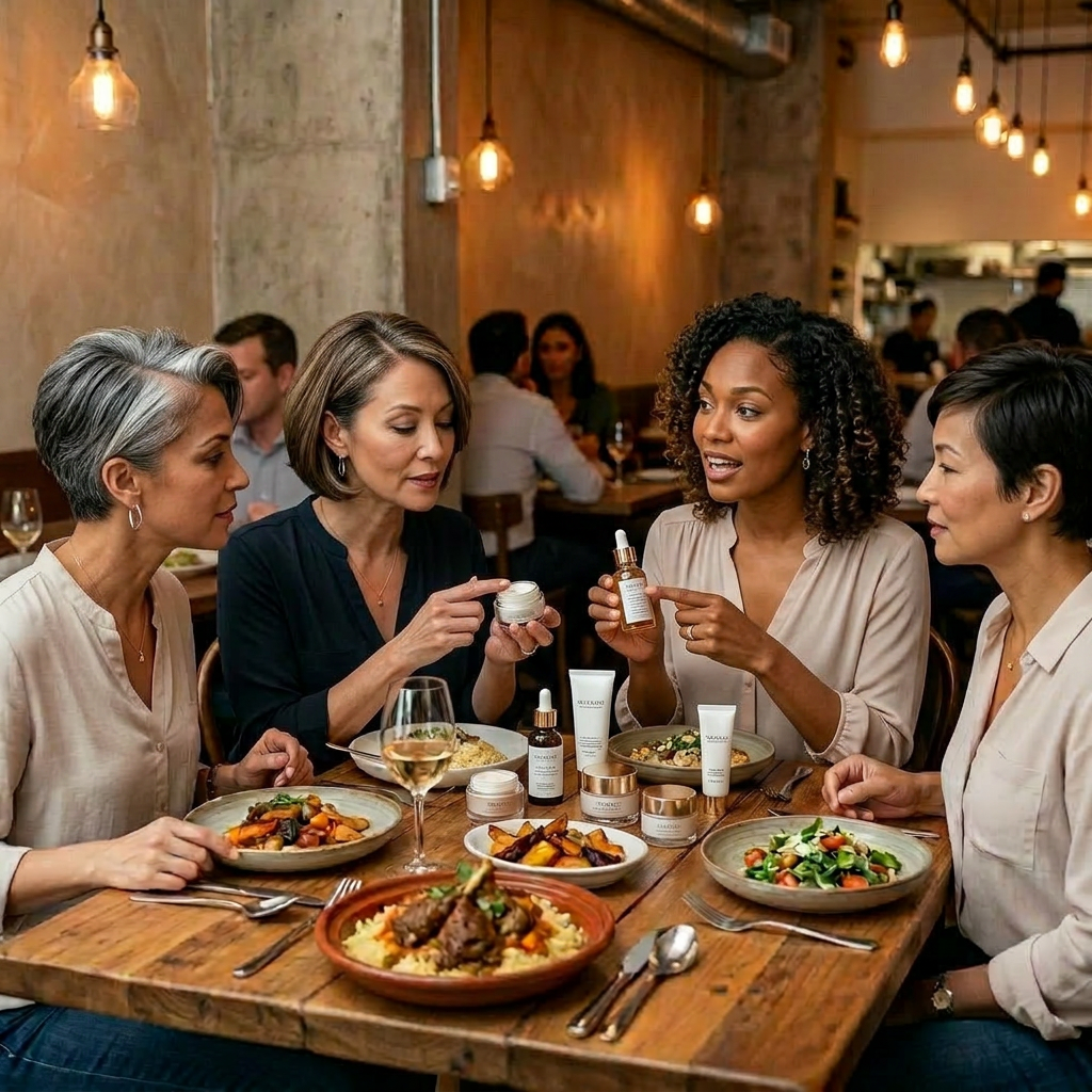 Four women sitting at a restaurant table sharing a printed review about hyaluronic acid serum. Hyaluronic acid for microneedling reviews showing dropper applied during dermaroller session with growth factor serum