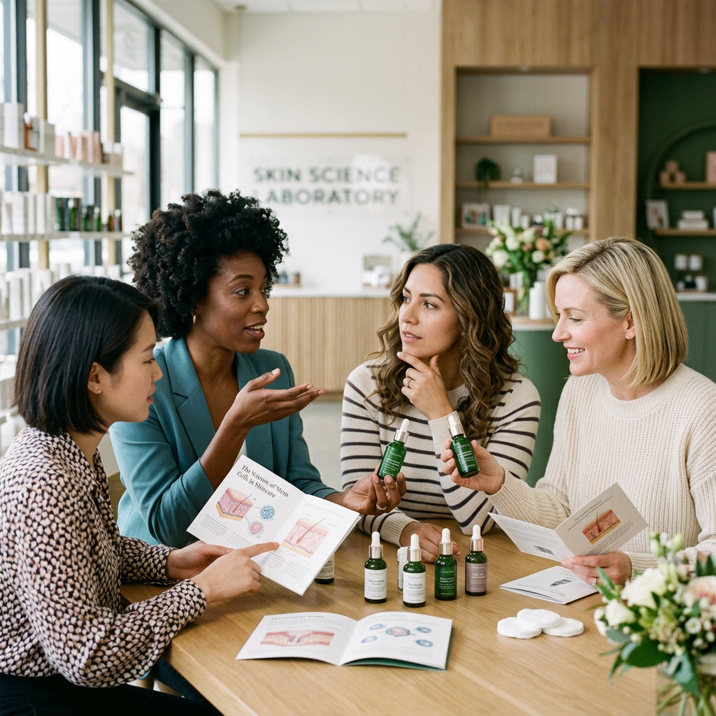 Four women discussing skincare products and educational pamphlets at a table in a skin science laboratory. Stem cell skincare dropper applied to luminous mature skin with dermaroller and growth factor protocol