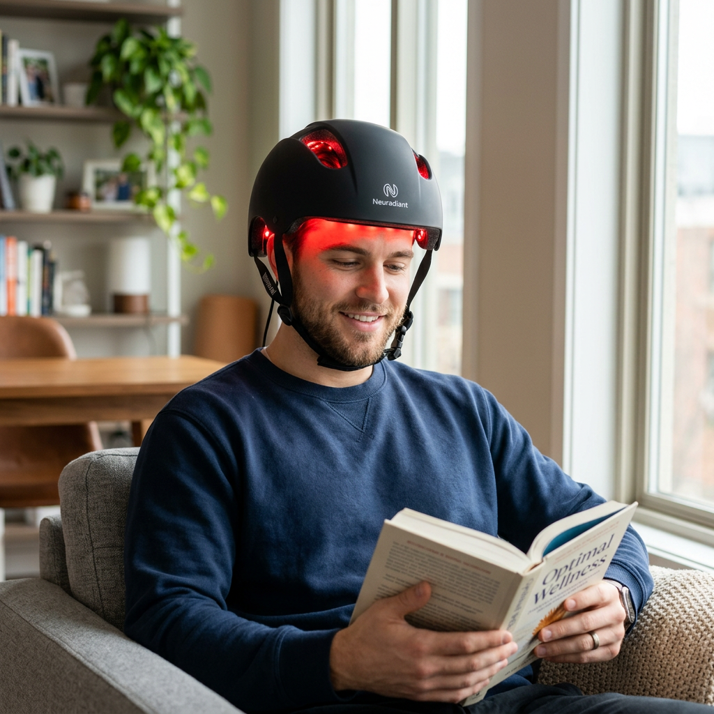 Man wearing a red light therapy helmet emitting red light while reading a book. Red light helmet device on scalp with dermaroller and stem cell growth factor serum protocol