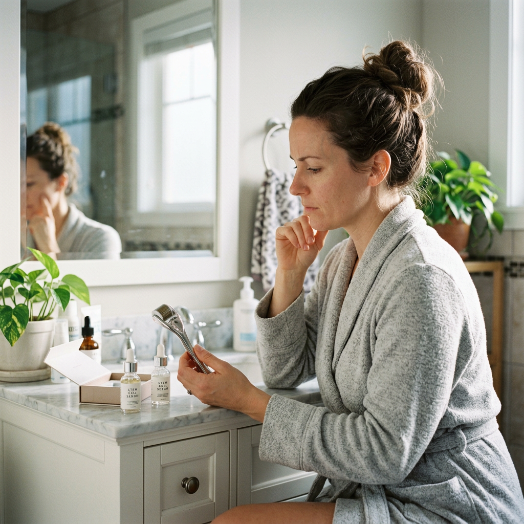 Woman holding and examining a facial roller device in a bathroom. Stem cell serum for microneedling applied to damp skin after dermaroller session with hyaluronic acid glide protocol