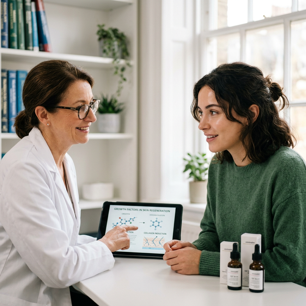 Doctor showing skin regeneration diagram on tablet to patient. Growth factor skin care dropper applied to luminous mature skin with dermaroller and multi-source MSC protocol