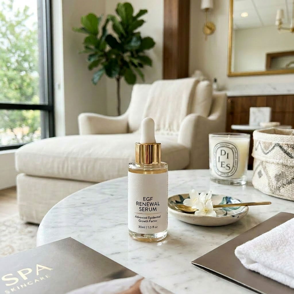 EGF Renewal Serum on a marble table with a candle and small dish with flowers. EGF serum for microneedling applied post-dermaroller with hyaluronic acid glide and multi-source MSC protocol