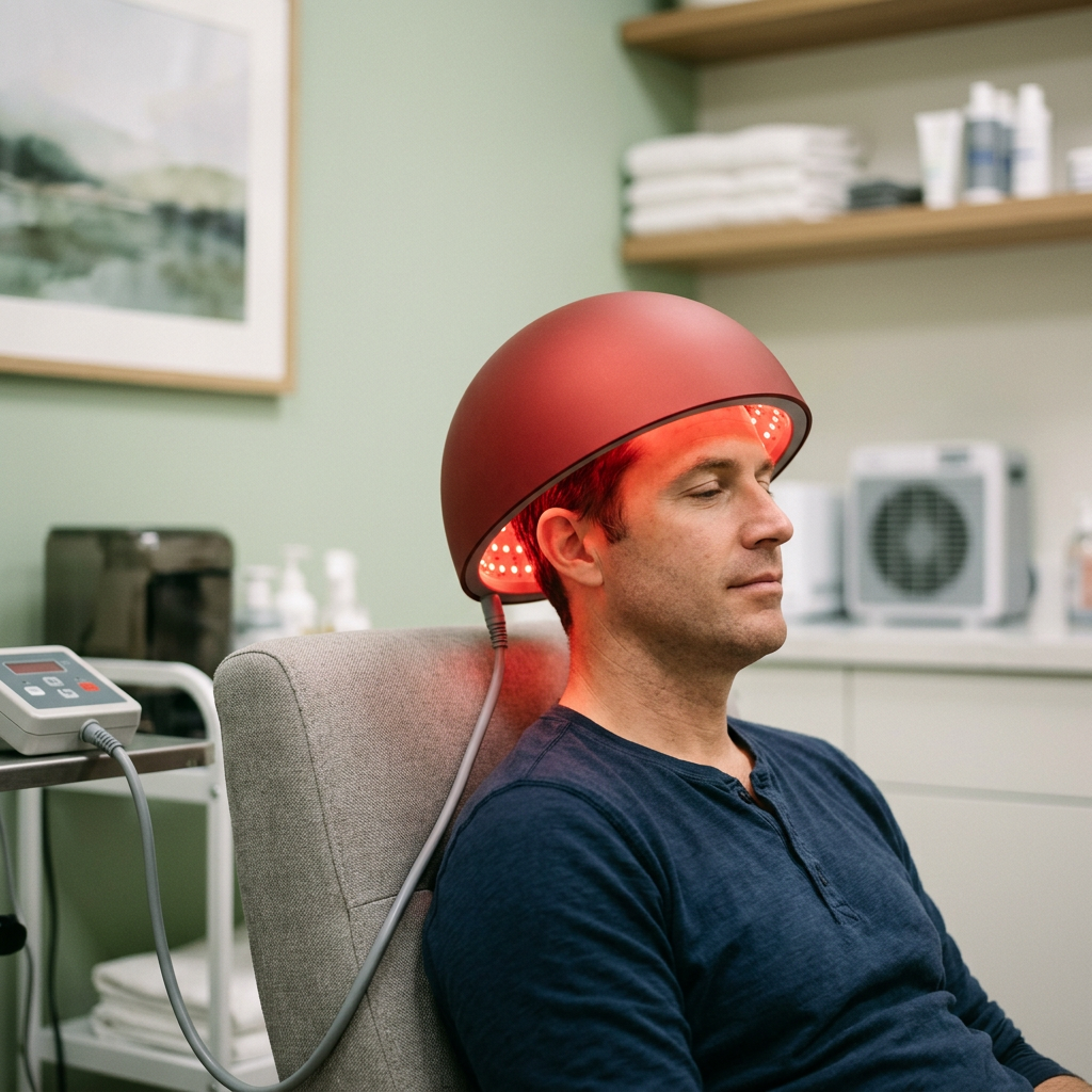 A man using a  red light therapy helmet device. Red light therapy helmet on scalp with dermaroller and stem cell growth factor serum hair protocol