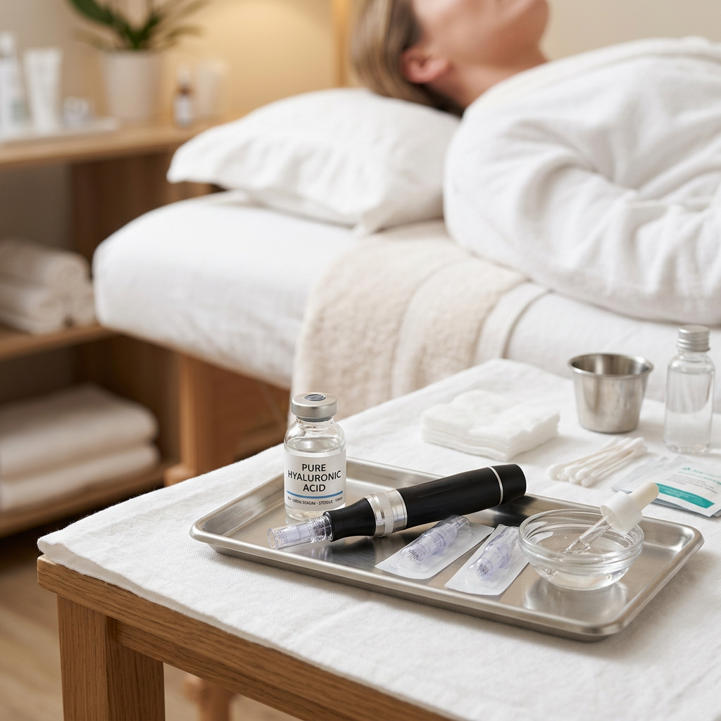 Tray with microneedling pen, hyaluronic acid vial, needles, and skincare supplies. Pure hyaluronic acid for microneedling applied during dermaroller session with stem cell growth factor serum protocol