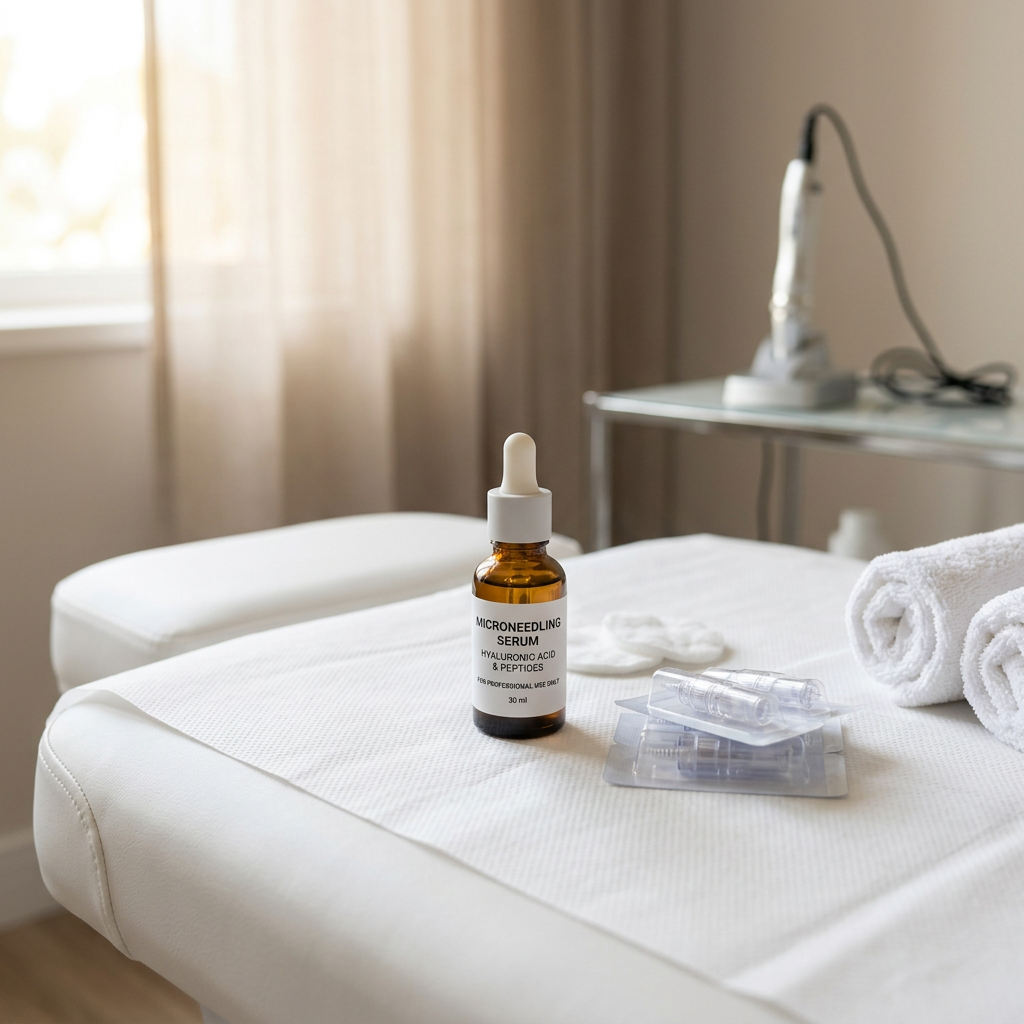 9 Devastating Microneedling Serum Mistakes Ruining Your Results 1 Bottle of microneedling serum with hyaluronic acid and peptides, cosmetic needles, and rolled towels on treatment bed. Microneedling serum applied to face with dermaroller and complete two-serum protocol on luminous skin