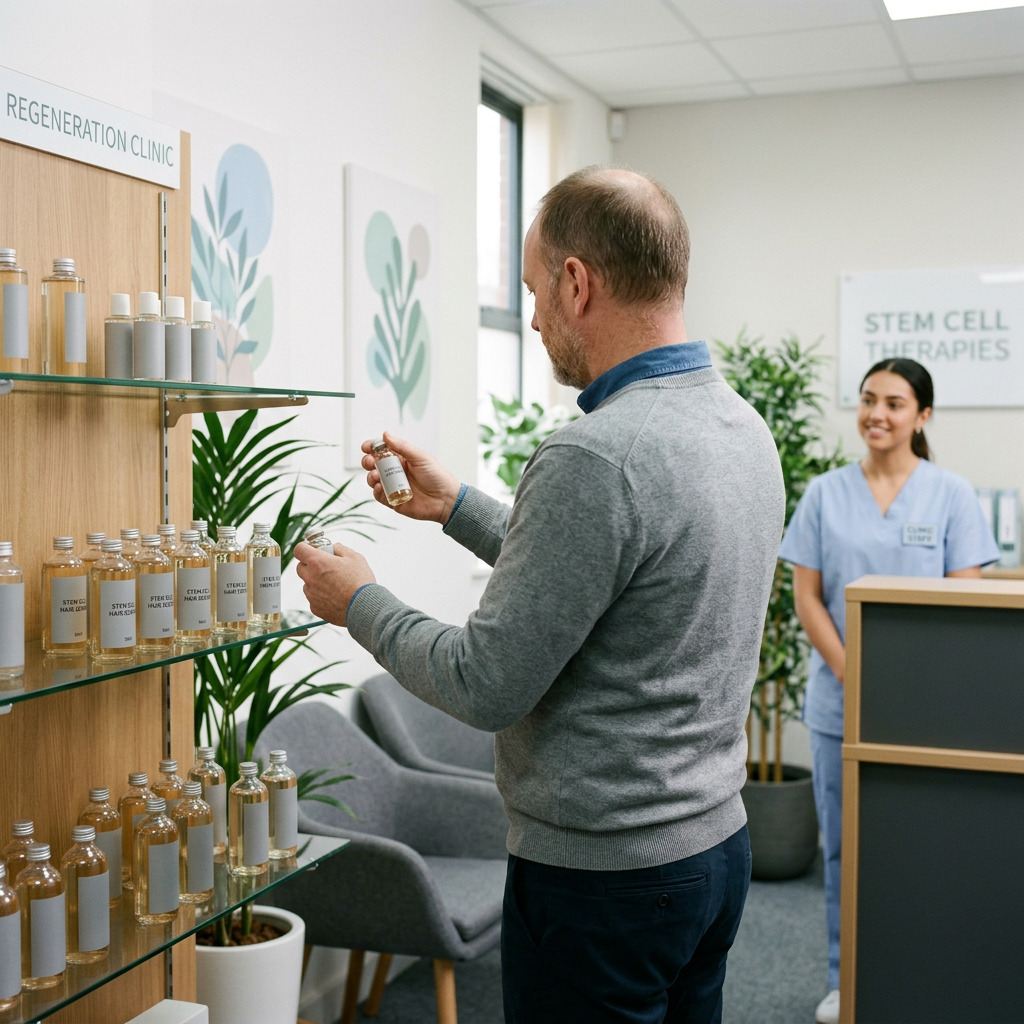 Man looking at regenerative therapy bottles in a clinic with a nurse standing nearby. Stem cell hair serum applied to damp scalp with dermaroller and red light therapy helmet protocol