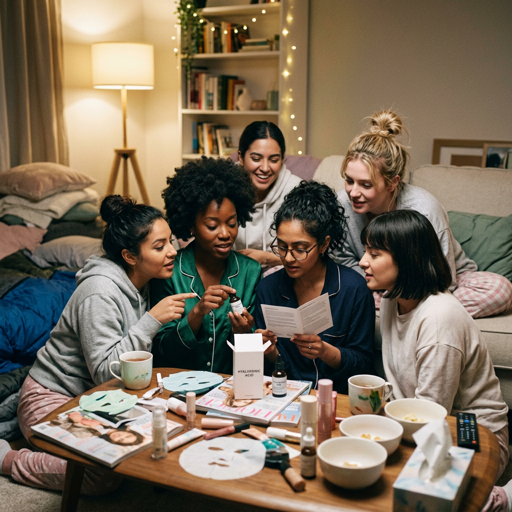 Six women sitting around a table looking at skincare products and instructions. Hyaluronic acid for microneedling applied during dermaroller session with stem cell growth factor serum protocol