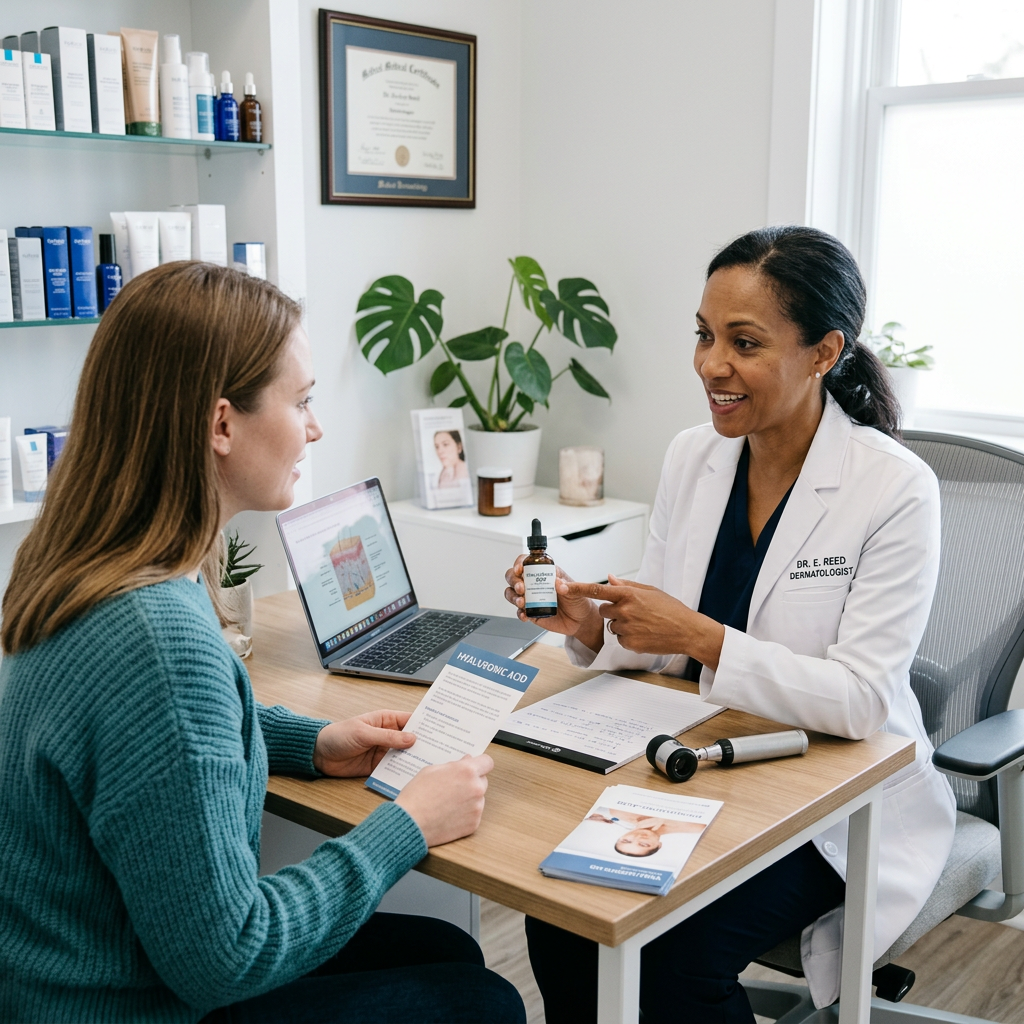 4 Hyaluronic Acid Serum for Microneedling Results You Can See in 4 Weeks 1 Dermatologist showing skincare product and brochure to patient in office. Hyaluronic acid serum for microneedling applied during dermaroller session with stem cell growth factor protocol
