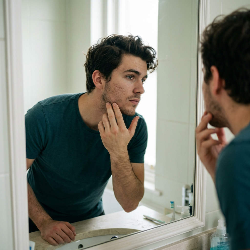 Young man touching acne scars on his cheek looking closely in bathroom mirror. Microneedling serum for acne scars applied post-dermaroller with sterile hyaluronic acid glide and growth factor protocol